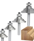 Top Shelf 4 Piece Bearing Guided Router Bit Set For Knockout Cabinet Millwork And Furniture Trimming Featuring Crisp Ovollo Profiles and Slick Double Ribbed Edges.