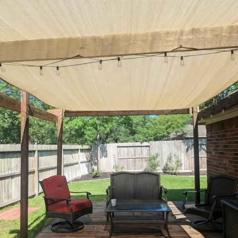Patio view under 90 Percent UV Blocking Sun Shade Cloth 6x15 Ft With D Ring Breathable UV Resistant Shade for pergola, beige color