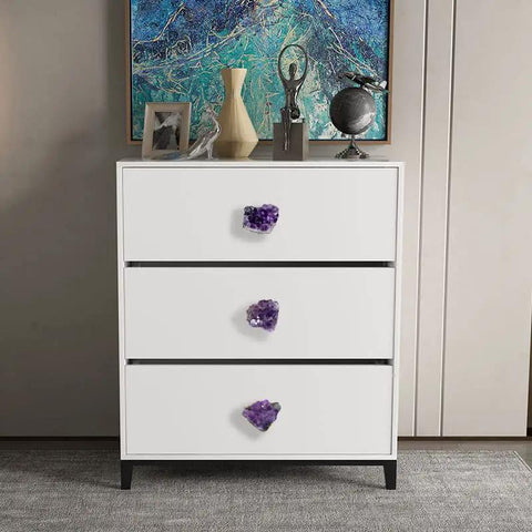 Premium Set Of Two Natural Amethyst Gemstone Cabinet Knobs And Heavy Duty Drawer Pulls Featuring Smooth Purple Crystal Finish To Level Up Your Home Decor Game Today on modern white dresser.