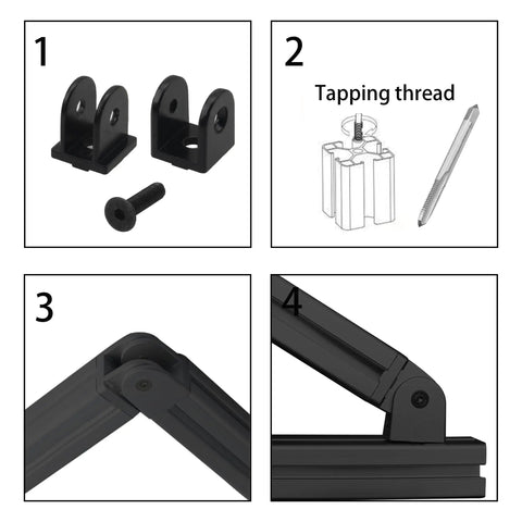 4 Pack Black Flexible Pivot Joint Connectors For 2020 Series Aluminum Extrusion Profiles Durable Zinc Alloy 180 Degree Rotation Screws And Tap Included For Easy 3D Printer Accessory Builds. Black pivot joint connectors, zinc alloy, 2020 extrusion, screws included.