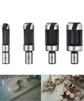 Dead Nuts Accurate Carbon Steel Wood Plug Cutter Drill Bit Set showing four cutter sizes for precise wood dowel installation.