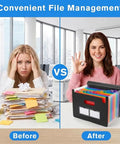 Comparison of disorganized papers vs. organized Accordion File Organizer With 13 Pockets Expanding File Folder with colorful tabs