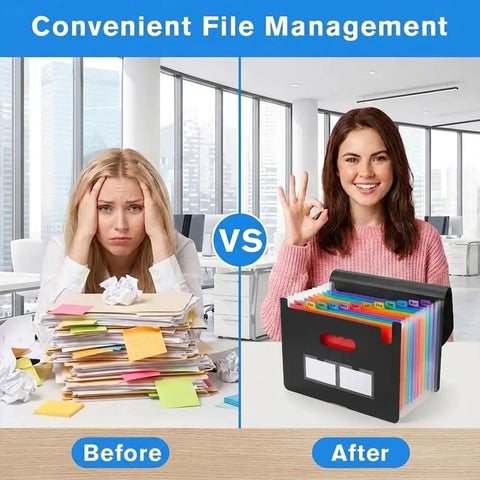 Comparison of disorganized papers vs. organized Accordion File Organizer With 13 Pockets Expanding File Folder with colorful tabs