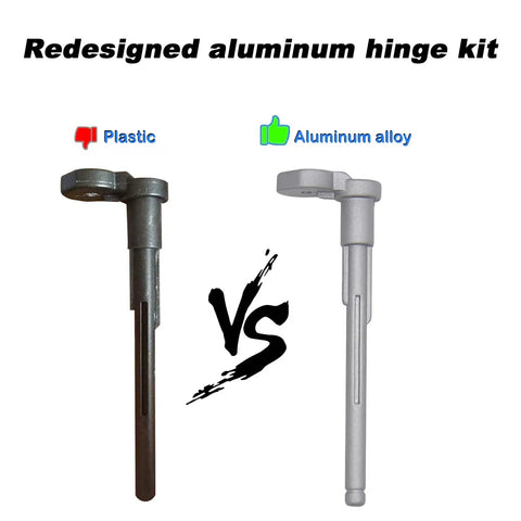 Permanent Aluminum Fuel Tank Door Hinge Repair Kit With Spring comparing plastic and aluminum hinge designs.