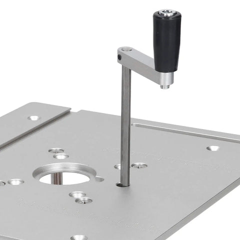 Premium Heavy Aluminum Router Table Insert Plate Featuring Manual Crank Height Lift System adjustable steel crank for precise height control.