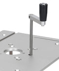 Tough As Nails Manual Router Lift Table With Dead Nuts Precise Crank Adjustment And Knockout Aluminum Build For A Seamless Table Saw Insert Upgrade close-up of lift mechanism and crank handle.