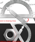 Rock Solid Heavy Duty Stainless Steel Angle Finder Protractor 0-180 Degree precision tool measuring angles on paper and hardware.