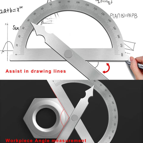 Rock Solid Heavy Duty Stainless Steel Angle Finder Protractor 0-180 Degree precision tool measuring angles on paper and hardware.