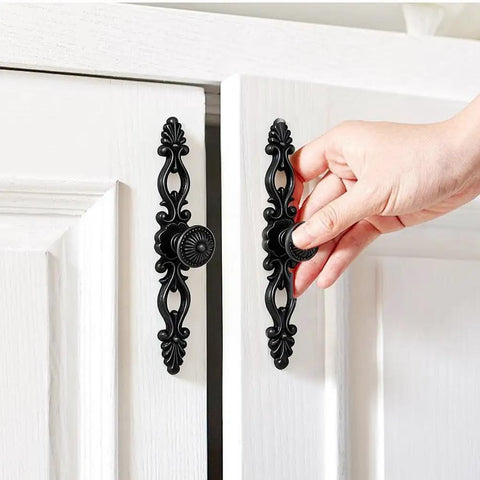 Five Piece Vintage Black Drawer Pulls Set With 0 98 Inch Center To Center Zinc Alloy Cabinet Knobs on white cabinet