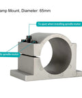 CNC spindle mount 65mm clamp bracket for router machines, heavy-duty cast aluminum construction shown with fixing and adjusting screws.
