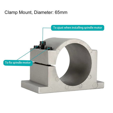 CNC spindle mount 65mm clamp bracket for router machines, heavy-duty cast aluminum construction shown with fixing and adjusting screws.