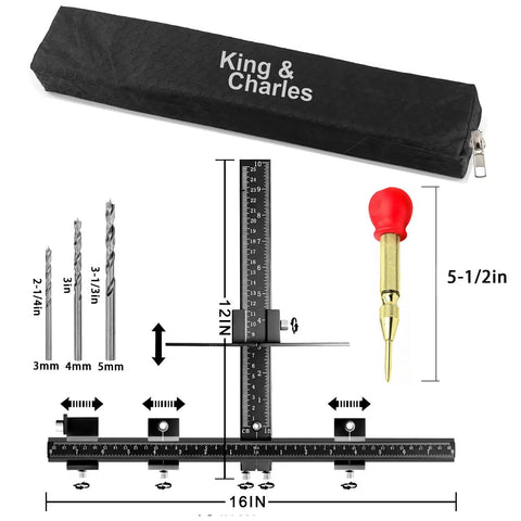 Heavy Duty Aluminum Alloy Cabinet Hardware Jig Kit With Auto Center Punch And Precision Drill Guide For Dead On Drawer Handle Mounting No Sweat Zero Shake Setup with drill bits and measuring tools.