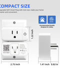 Compact Smart Plug 15A WiFi Outlet Works With Alexa And Google Assistant, 2 Pack, dimensions shown, white, ETL Certified.