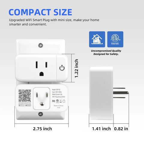 Compact Smart Plug 15A WiFi Outlet Works With Alexa And Google Assistant, 2 Pack, dimensions shown, white, ETL Certified.