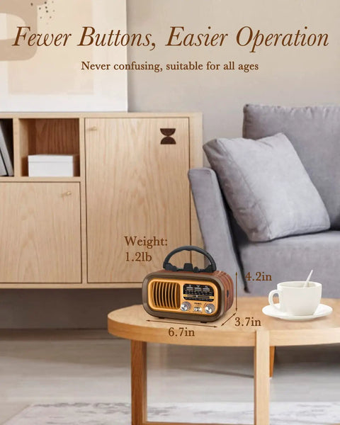 J-150 Portable Radio AM FM SW Bluetooth Speaker with retro vintage design on a coffee table in a living room setting