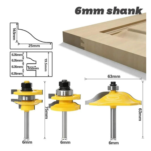 Solid 3-Piece Rail And Stile Router Bit Set With Ogee Door Knife And Tenon Cutter For Precision Cabinet And Furniture Work Using Pro Quality Bits - 6mm shank, detailed specs and cut diagrams.