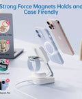 Traveling Wireless MagSafe 3 in 1 Fast Charging Station for iPhone 17 16 15 14 13 12 Pro Max Plus, Apple Watch Series shown.