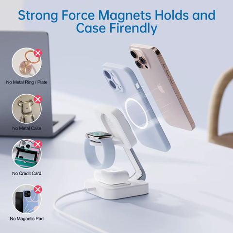 Traveling Wireless MagSafe 3 in 1 Fast Charging Station for iPhone 17 16 15 14 13 12 Pro Max Plus, Apple Watch Series shown.