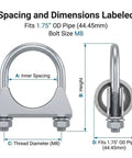 Dimensions of U-Bolt Exhaust Clamp 1.75 Inch OD, 2 Pack Carbon Steel Pipe Connector For Car Exhaust And Truck Systems shown vertically.