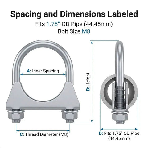 Dimensions of U-Bolt Exhaust Clamp 1.75 Inch OD, 2 Pack Carbon Steel Pipe Connector For Car Exhaust And Truck Systems shown vertically.