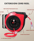 Retractable Extension Cord Reel With 65 Feet Of 12 AWG Heavy Duty Power Cord 15 Amp Breaker Three Lighted Outlets Red SJTOW