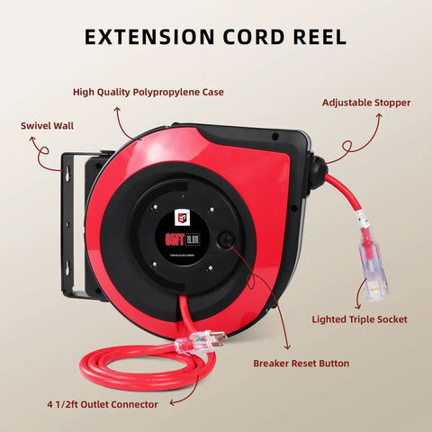 Retractable Extension Cord Reel With 65 Feet Of 12 AWG Heavy Duty Power Cord 15 Amp Breaker Three Lighted Outlets Red SJTOW