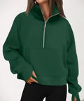 Womens Half Zip Cropped Fleece Pullover Hoodie Sweatshirt In Dark Green, Cozy Warm Layering Top With Thick Cotton Polyester Blend