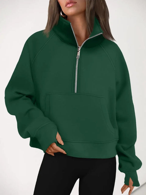 Womens Half Zip Cropped Fleece Pullover Hoodie Sweatshirt In Dark Green, Cozy Warm Layering Top With Thick Cotton Polyester Blend