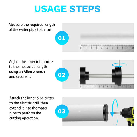 Steps to use Internal Pipe Cutter For 1-1/2 Inch And 2 Inch PVC And ABS Pipes, showing pipe measurement, tool adjustment, and cutting.