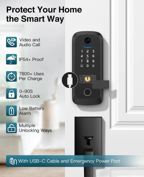 Front view of Video Smart Lock With Camera 2K HD, Keyless Entry, Rechargeable Battery, App Control, Fingerprint ID, IC Card installed on door