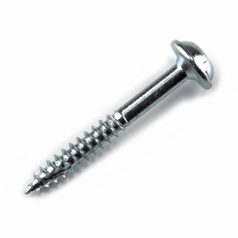 Close-up of a 1-1/4 Inch Fine Thread Zinc Pocket Hole Screw With Maxi-Loc Head for indoor woodworking and furniture in hardwoods.