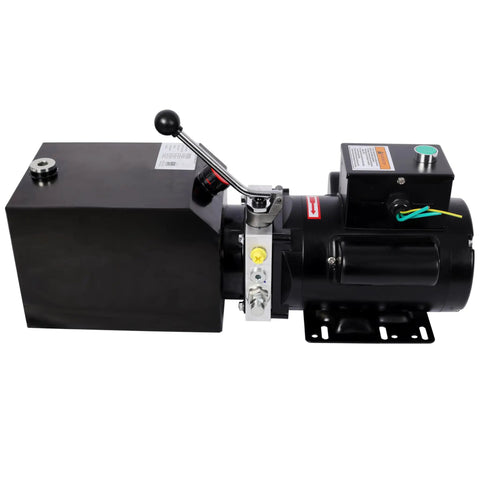 Heavy Duty Hydraulic Power Unit With 6 Quart Oil Reservoir For Two Post And Four Post Car Lifts, black motor pump side view.