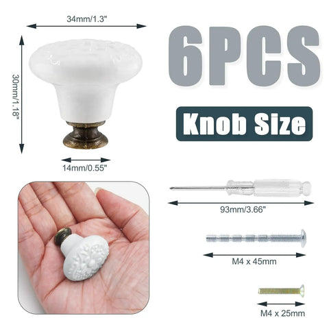 Six Piece White Ceramic Kitchen Cabinet Knobs And Pulls Set With Retro Round Drawer Knobs For Closets And Doors Includes Two Screw Sizes And A Handy Screwdriver For Easy DIY Install