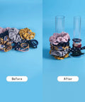 Duo Pack Clear Acrylic Scrunchie Holder Organizer Set For Hair Ties, Bathroom Counter Stand, comparing before and after organization.