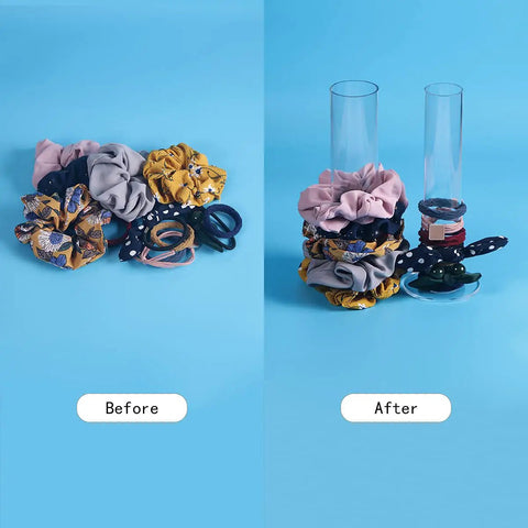 Duo Pack Clear Acrylic Scrunchie Holder Organizer Set For Hair Ties, Bathroom Counter Stand, comparing before and after organization.