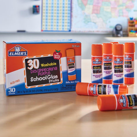 Disappearing Purple School Glue Sticks 7 Grams, 30 Count Pack For Classrooms, Mess-Free, Washable, Dries Clear, Kid-Friendly, Non-Toxic And Acid-Free, Ideal For Posters And Back-To-School Crafts
