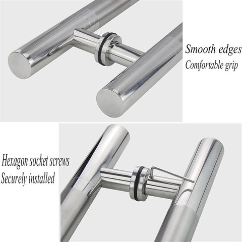 Boss Brushed Stainless Steel Round Tube Door Handle Set for Glass, Wood, and Barn Doors showing smooth grip and hexagon screws.