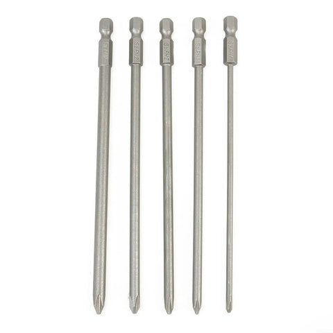 5 Piece Long Screwdriver Bits Set With Strong Magnetic Hold And Extra Tough Alloy Steel Construction For Electric Drill Driver Manual Use Featuring 1/4 Inch Hex Shank PH1 And PH2 Tips For Super Fast High Torque Fastener Jobs That Rock. Five PH1 PH2 magnetic screwdriver bits, 150mm alloy steel with 1/4 inch hex shank