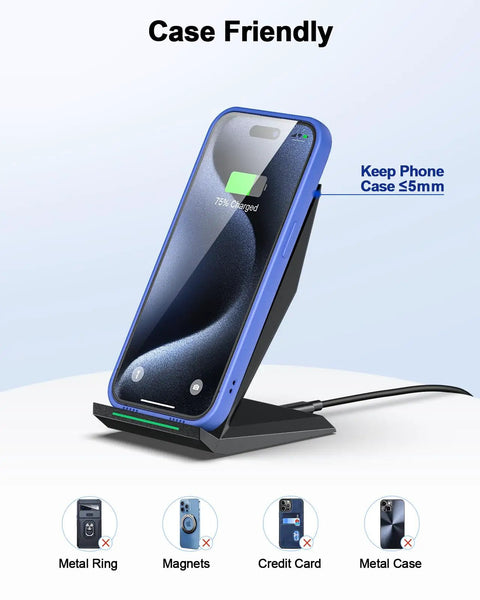 Two Coil Fast Wireless Charger Stand For iPhone 17 17 Air 16 15 15 Pro 15 Plus 14 13 And Galaxy S22 S23 S24 S25 S26, phone on stand