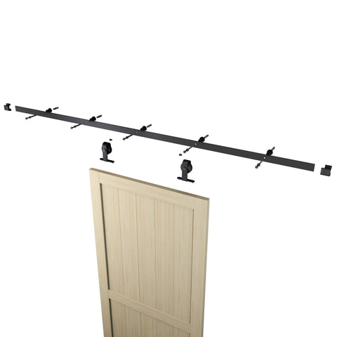 6 Ft Sliding Barn Door Hardware Kit with Top Mounted Track for Aluminum Glass Doors, Matte Black, shown above a wooden door