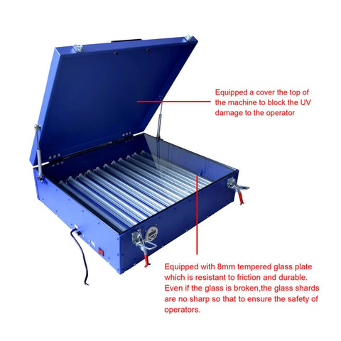 Open Pro Grade UV Exposure Unit For Silk Screen Printing Light Box With 12 LED Tubes, 24x28 Inch Screen Area, Blue Finish