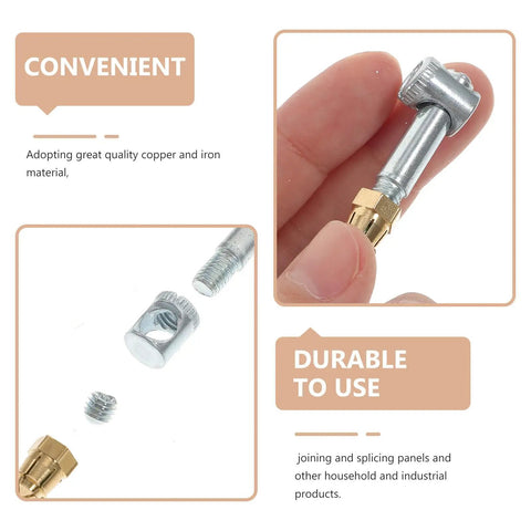 Close-up of 4 Piece 35mm Cabinet Assembly Screw Kit with Invisible Furniture Connectors and Fastening Nuts for hidden mounting.
