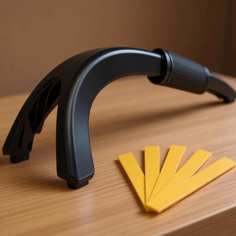 Black ergonomic Rubber Push Stick With Hold Down Clamp Set beside yellow wood guides on a table