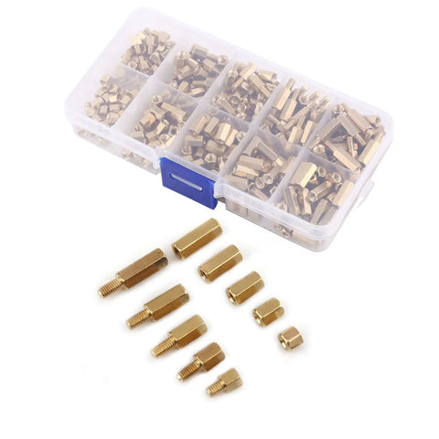Three Millimeter Brass Standoff Kit For PCBs And DIY Electronics with hex male and female ends in a plastic case