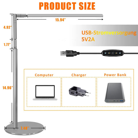 Eye Friendly Desk Lamp For Home Office And Monitor Setup No Flicker LED Task Light dimensions and USB power connection.