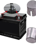 4 Piece Battery Post Shims Caps Adapters For Positive Or Negative Posts Terminal Sleeves And Repair Kits For Worn Or Damaged Or Loose Posts Auto Battery Terminal Repair Tools showing shims next to battery terminals.