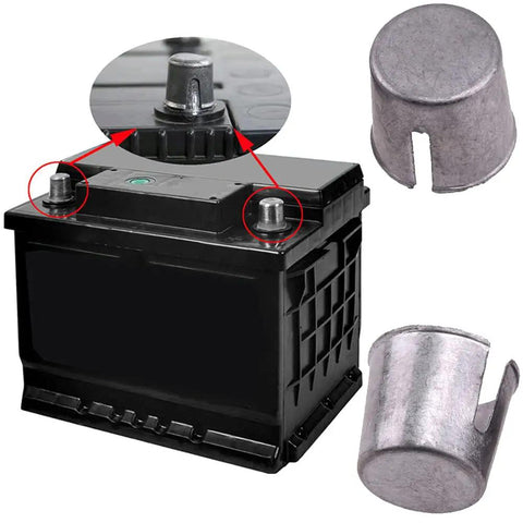 4 Piece Battery Post Shims Caps Adapters For Positive Or Negative Posts Terminal Sleeves And Repair Kits For Worn Or Damaged Or Loose Posts Auto Battery Terminal Repair Tools showing shims next to battery terminals.