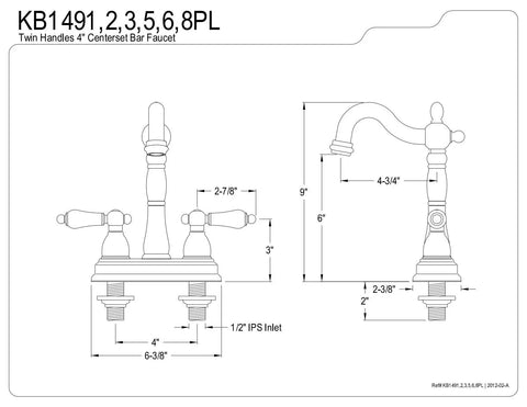 Technical drawing of oil rubbed bronze bar faucet with four and three quarters inch spout reach, deck mount two hole centerset.