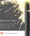 Spark-producing "Sånft-korr™" Ferro rod with sparks, detail on proprietary soft blend, 5,500°F molten sparks even when wet.
