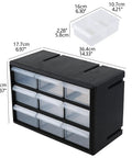 Front view of black Nine Drawer Plastic Storage Cabinet for Tools, with clear compartments for screws, nails, and electronics.